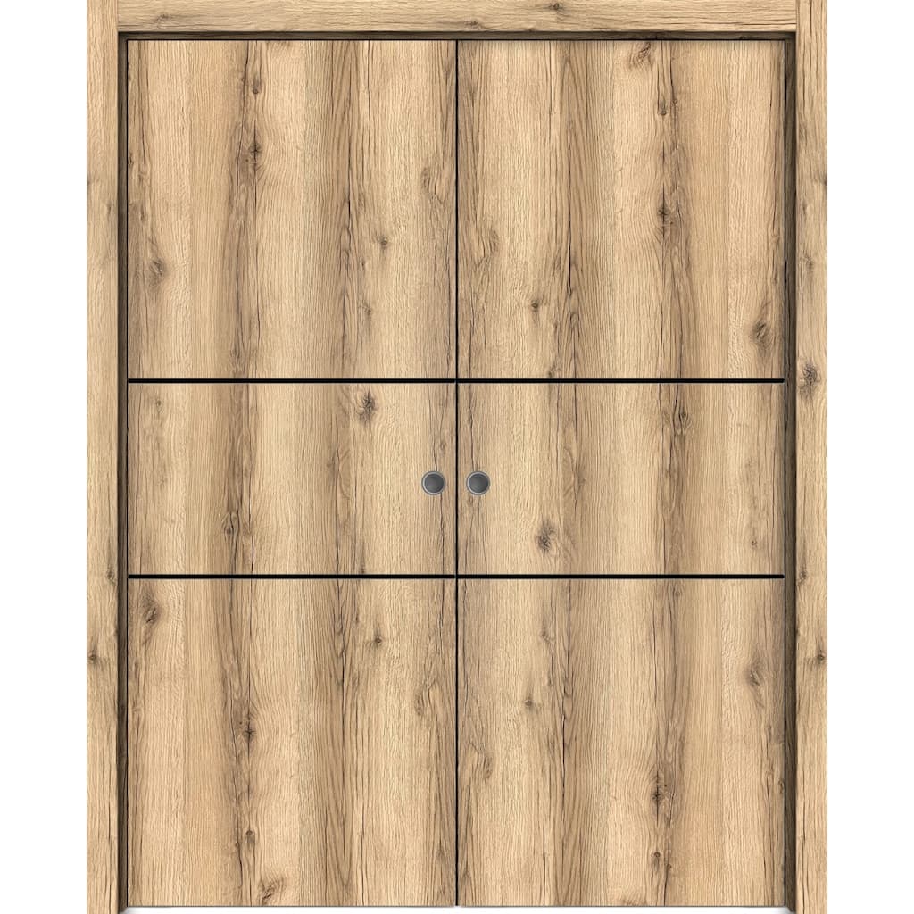 French Double Pocket Doors 36 x 80 Planum 0014 Oak with Kit Trims Rail