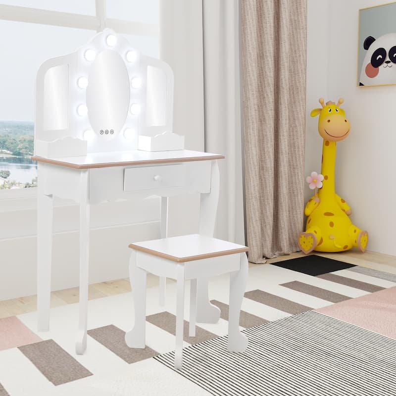 Kids Makeup Vanity Table Set with Stool, Dressup Playset for Girls Best Gift