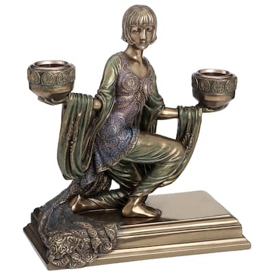 Veronese Design 6.9 H Art Deco Lady Candle Holders Cold Cast Bronze