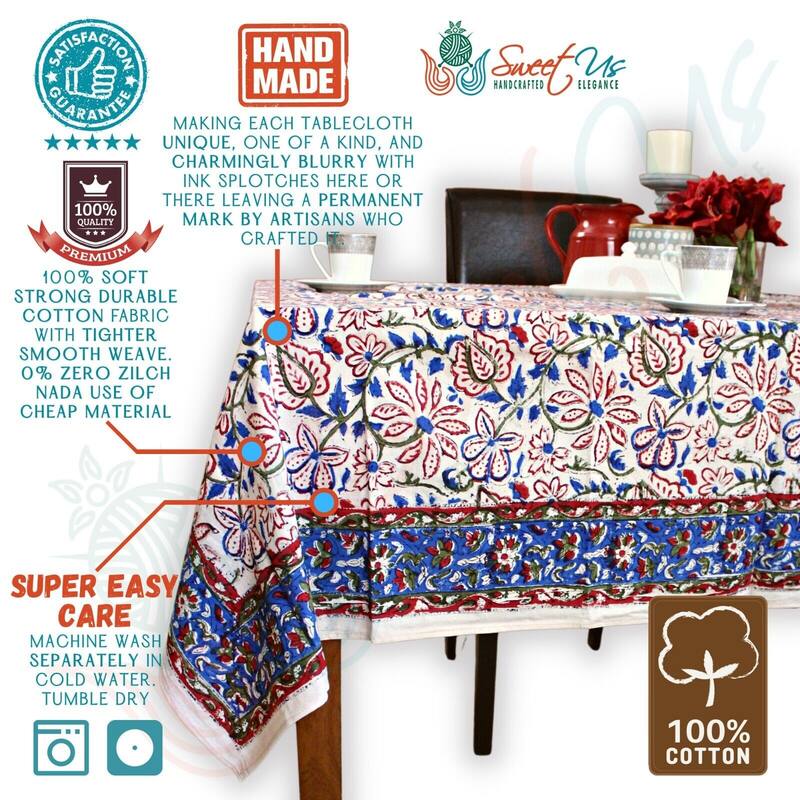 Ashlyn Handmade Cotton Floral Square Tablecloth Blue Red Green - 70 x 70 in