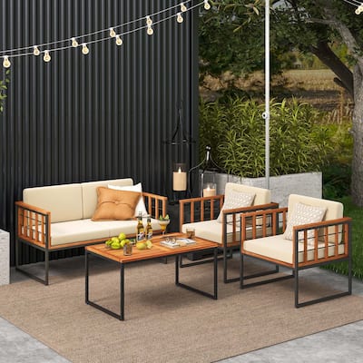 4 PCS Outdoor Furniture Set Wood Outdoor Sofa Set W/ Soft Cushions