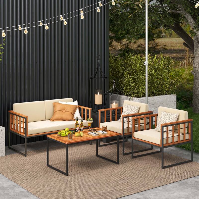 Costway 4 PCS Acacia Wood Outdoor Sofa Set with Heavy Duty Metal Frame - See Details
