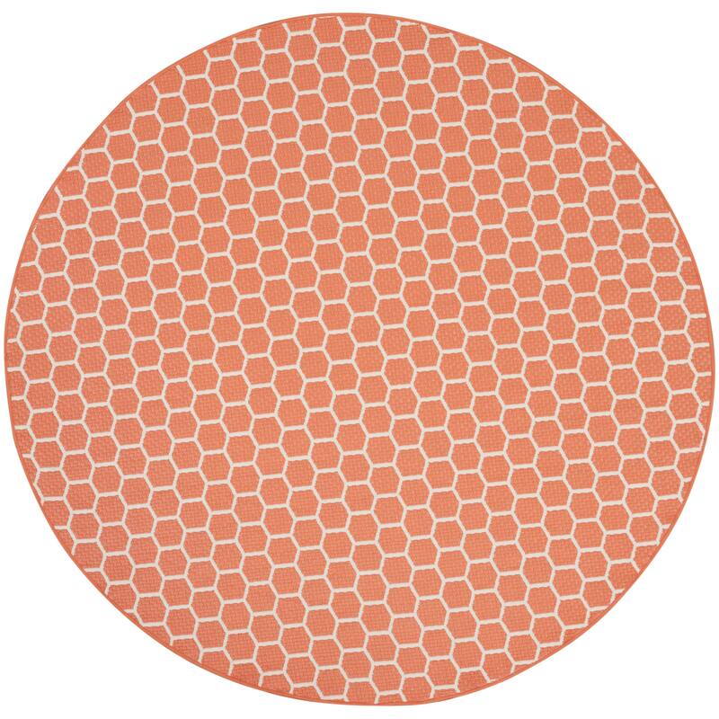 Nourison Reversible Indoor Outdoor Indoor/Outdoor Geometric Area Rug - 8' Round - Coral