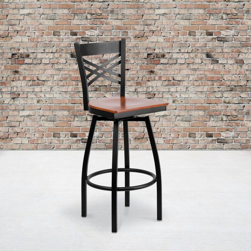 2 Pack ''X'' Back Swivel Metal Barstool - 16.5"W x 20.5"D x 44.5"H - 16.5"W x 20.5"D x 44.5"H - Cherry Wood Seat/ Black Metal Frame