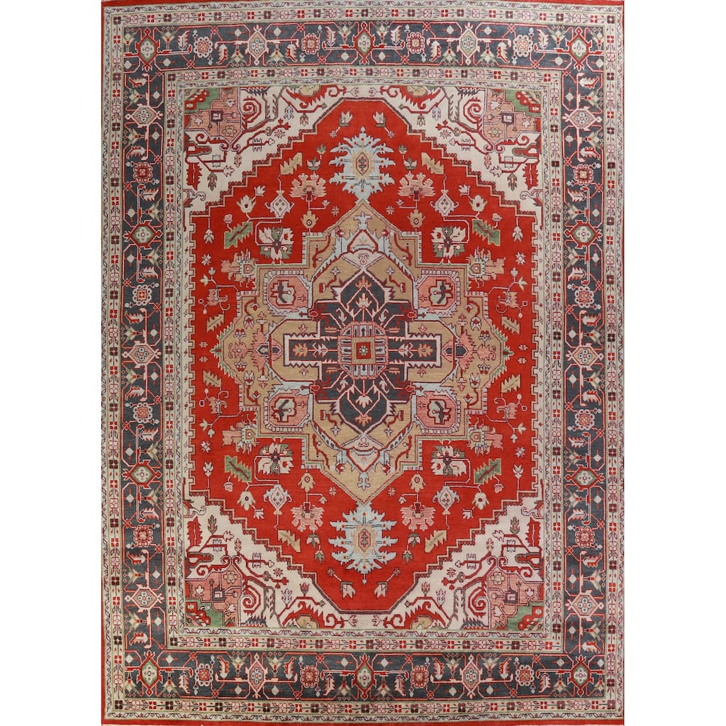 Hand Knotted Oriental 100% Wool Carpet Traditional Medallion Oranges & Rust Heriz (serapi) Area Rug - 14' 11'' X 11' 7''