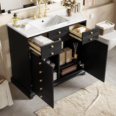 Bathroom Vanity with 36'' Resin Sink Set, Retro Style Bathroom Storage Cabinet with 2 Drawers & Soft Closing Doors