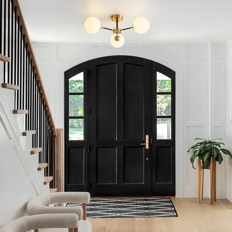 3-Light Brass Black Frosted White Glass Sputnik Semi Flush Mount - 26 Inches