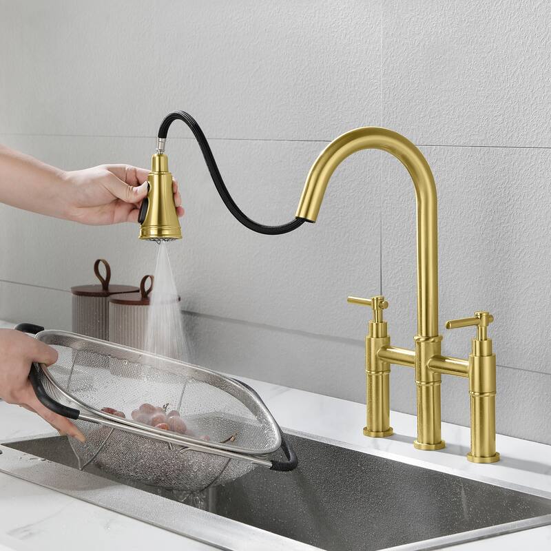 Modern 2-Handle Stainless Steel Pull-Down Kitchen Faucet with 3-Hole Installation, 3-Function Sprayer