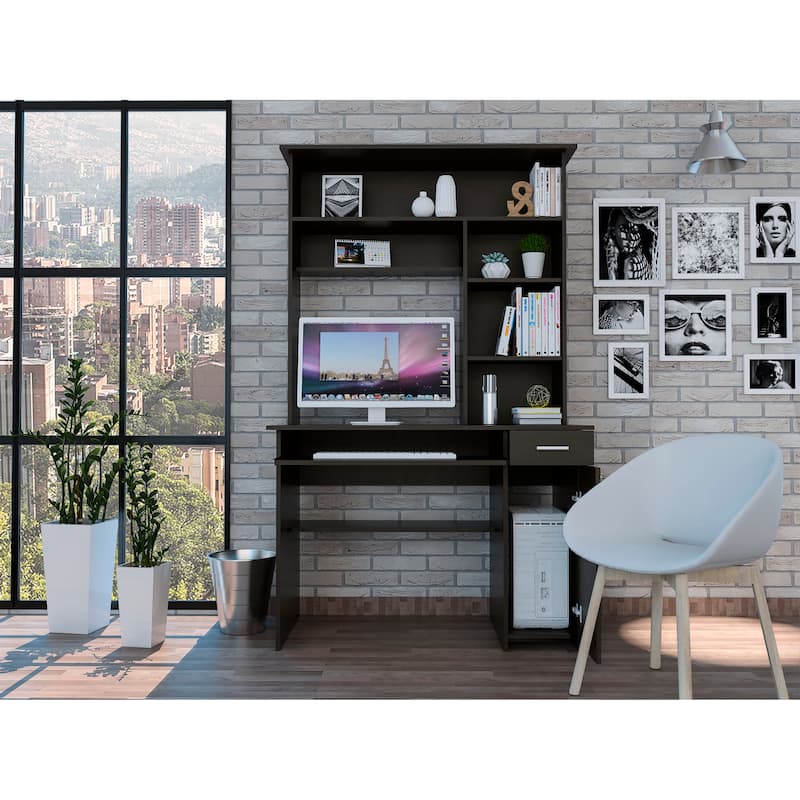 FM Furniture Weston Two Writing Computer Desk, Hutch, Single Drawer and Cabinet, Six Shelves