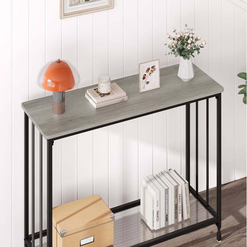Modern Style Console Table with Glass Shelf and Metal Frame