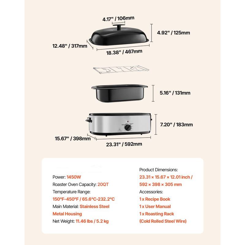 Black-Silver 20QT Electric Roaster Oven with Self-Basting Lid 1450W - 23.31 x 15.67 x 12.01 inch