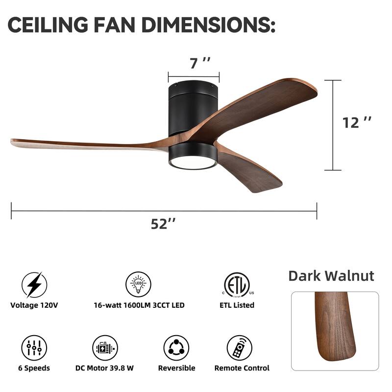Matte Black 52 in. Indoor Flush Mount Ceiling Fan with 3 Solid Wood Blades (Dark Walnut), 6-Speed Remote Control 3CCT LED Light
