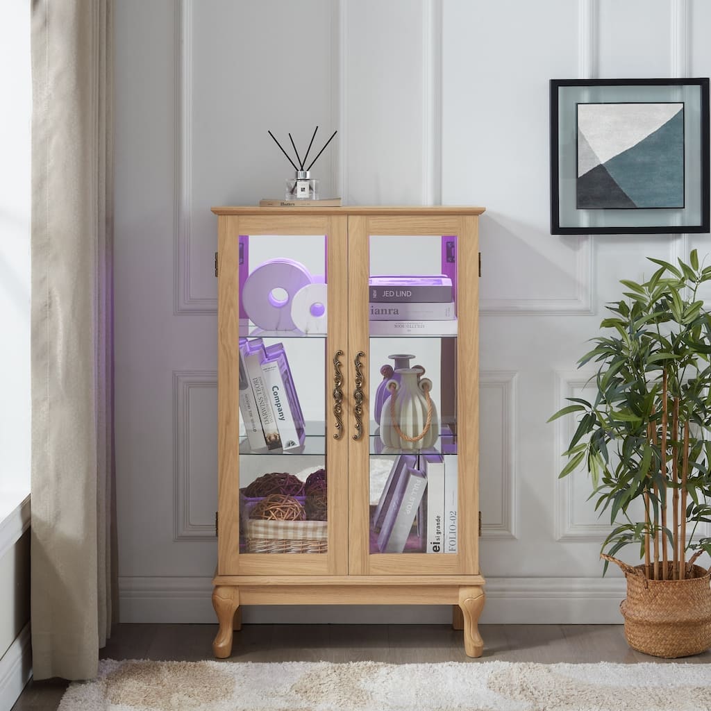 Elegant Curio Cabinet with Adjustable Shelves,LED Light and Mirrored Back Panel