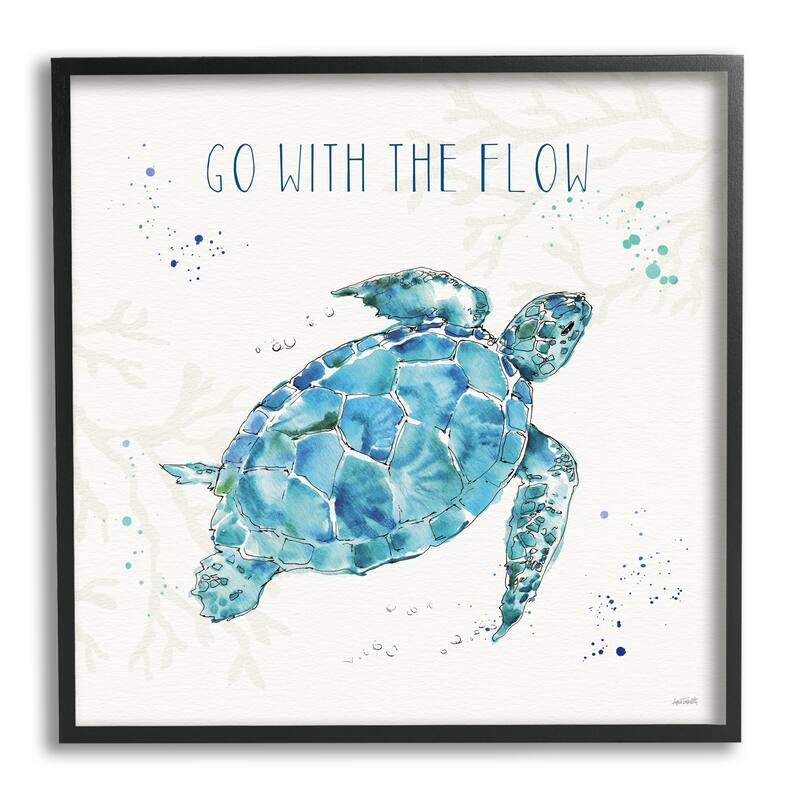 Go with the Flow Quote Turtle Tortoise Blue Green Watercolor Framed