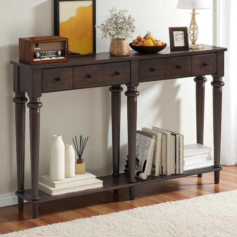 59.8" Rustic Entryway Console Table with 4 Drawers and Open Shelf, Retro Pine Veneer Hallway Accent Table - Espresso