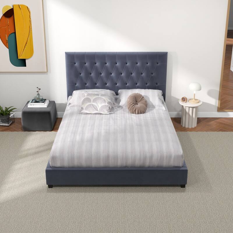 Queen Size Velvet Mid-Century Platform Bed with Tufted Headboard and Solid Wood Legs