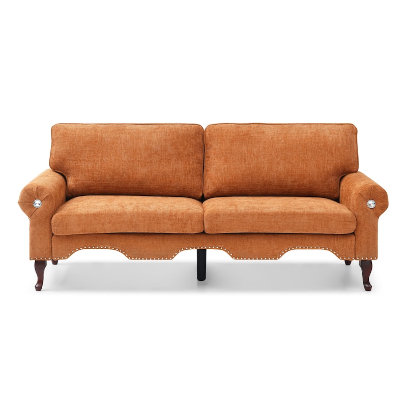 80-Inch Orange Linen 3-Seat Sofa with Wooden Legs, Crystal Button and Copper Nail for Living Room, Bedroom or Office