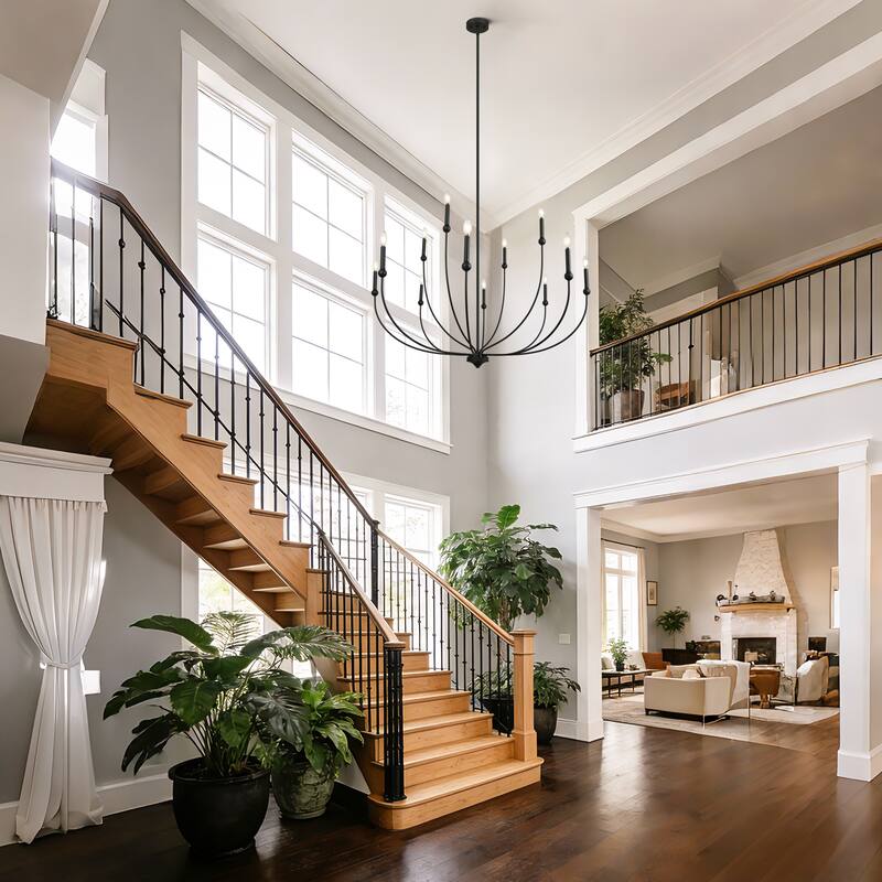 Oriea Modern Transitional 2-Tier 12-Light Black Wheel Chandelier for Large Living Dining Room Entryway - Dia. 48.8" x H 31.5"