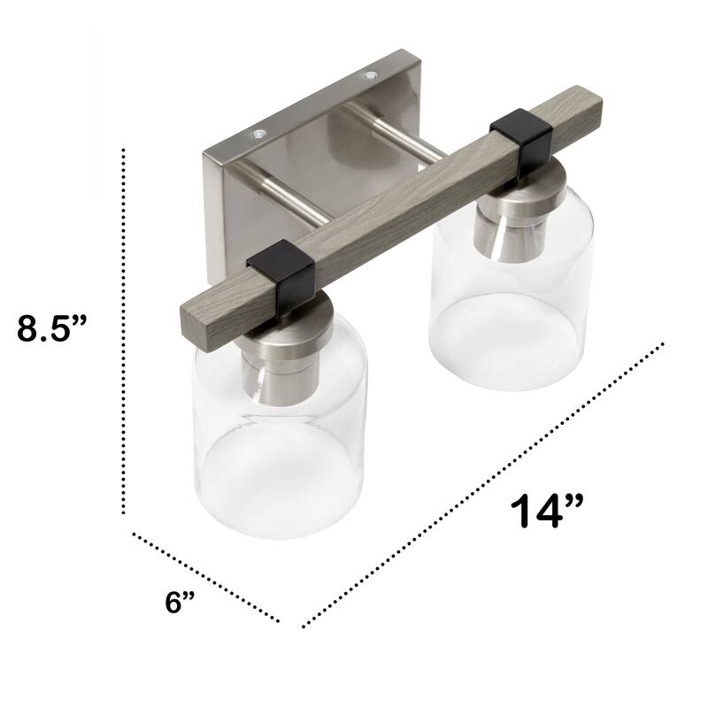 Two Light Vanity Light - Metal & Glass Shade Wall Sconce - Nickel & Black Finish - Bathroom, Hallway Decor - 6.5