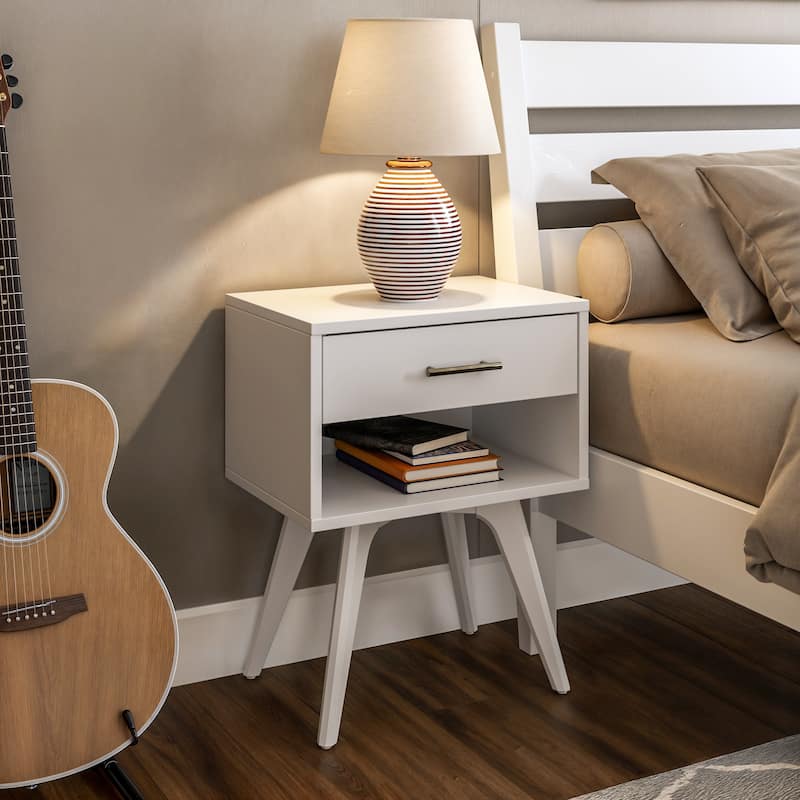 Mid Century Modern One Drawer Nightstand - White Finish