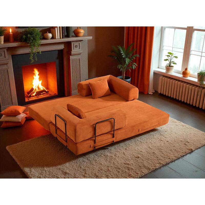 Convertible Corduroy Sleeper Sofa Bed, 4-in-1 Folding Mattress Couch with Cylindrical Pillow & Fixed-Shape Frame, No-Assembly