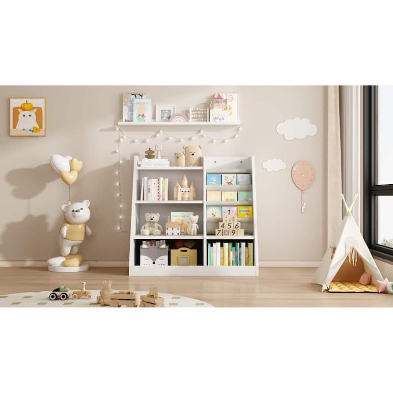 Kids Montessori Storage Bookshelf with 4-Tier Sling Pockets Perfect for Bedroom Nursery or Playroom