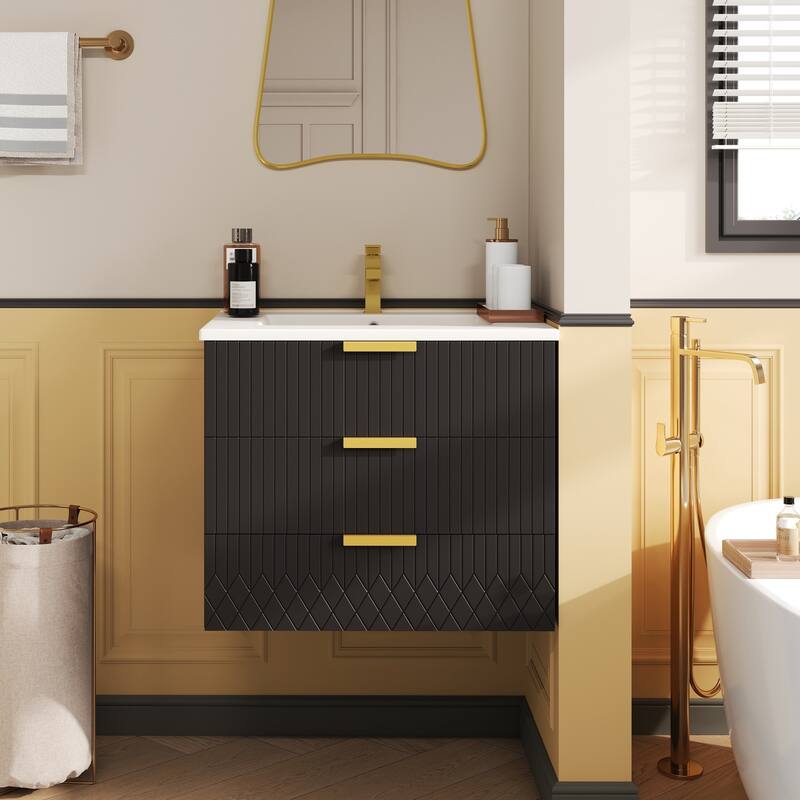 24‘’ Modern Wall Mounted Floating Bathroom Vanity with Ceramic Sink - Black - Bathroom Vanity