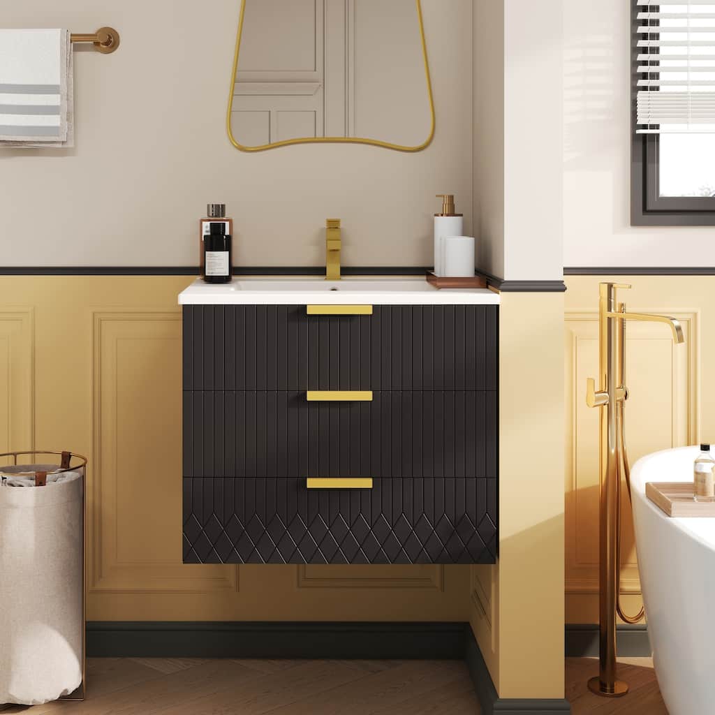 24inch Wall Mounted Floating Cabinet w/Double Drawer, Floating Rectangular Vanity Small Bathroom Sink