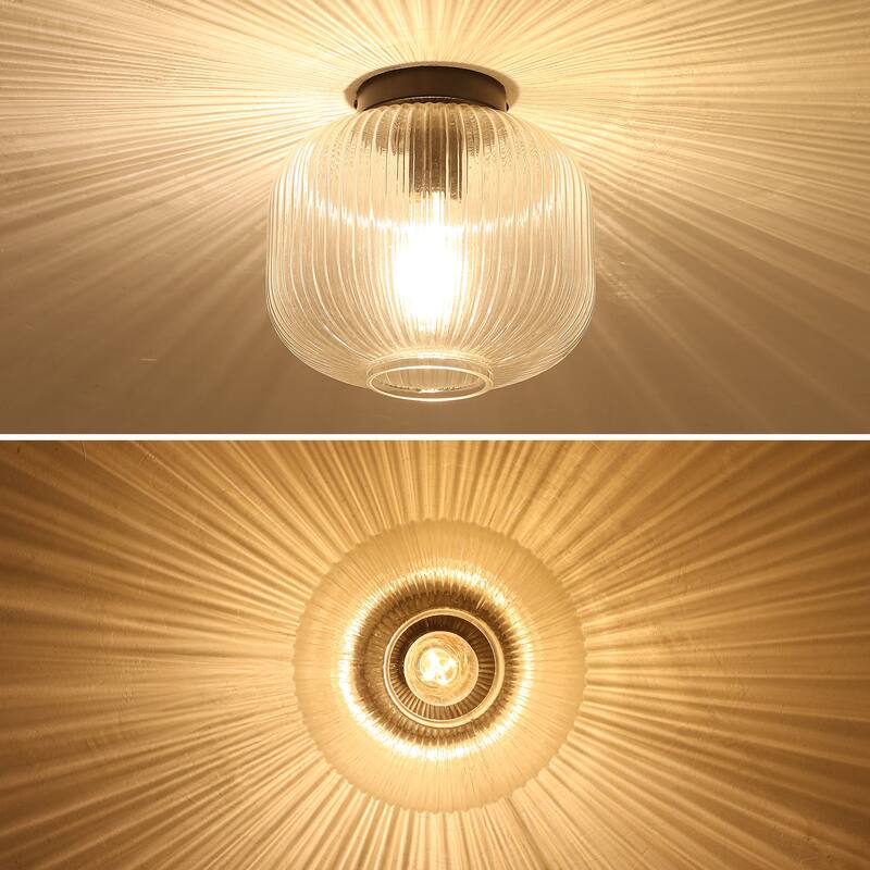 1-Light Mid-Century Modern Ribbed Glass Flush Mount Light