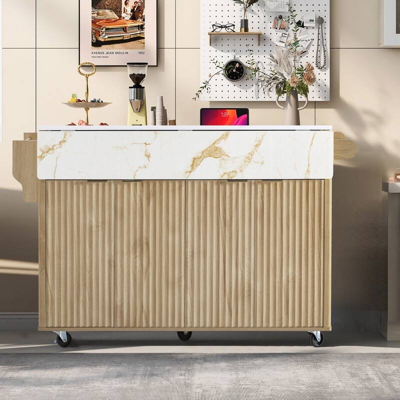 Modern 55.5" Fluted Kitchen Island with Drop Leaf, Kitchen Storage Cart on 5 Wheels with Power Outlet, Spice rack,Curved Edge