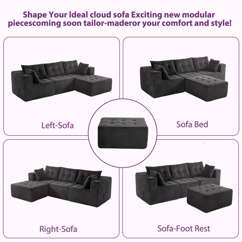 Corduroy Modular Sectional Sofa - 35.8"D x 101"W x 26.3"H