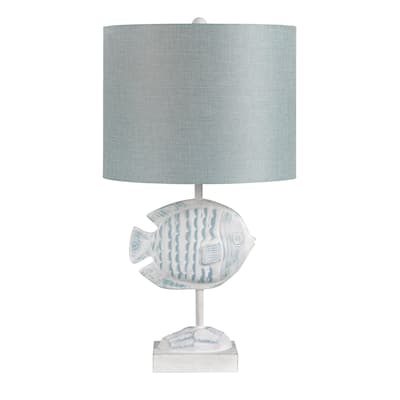 Light Blue and White Resin Fish Table Lamp with Shade - 14" x 14" x 24.5"