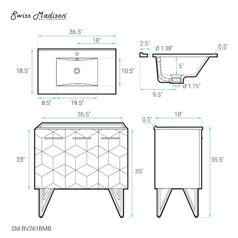 Swiss Madison SM-BV261 Annecy 37" Free Standing Single Basin Vanity
