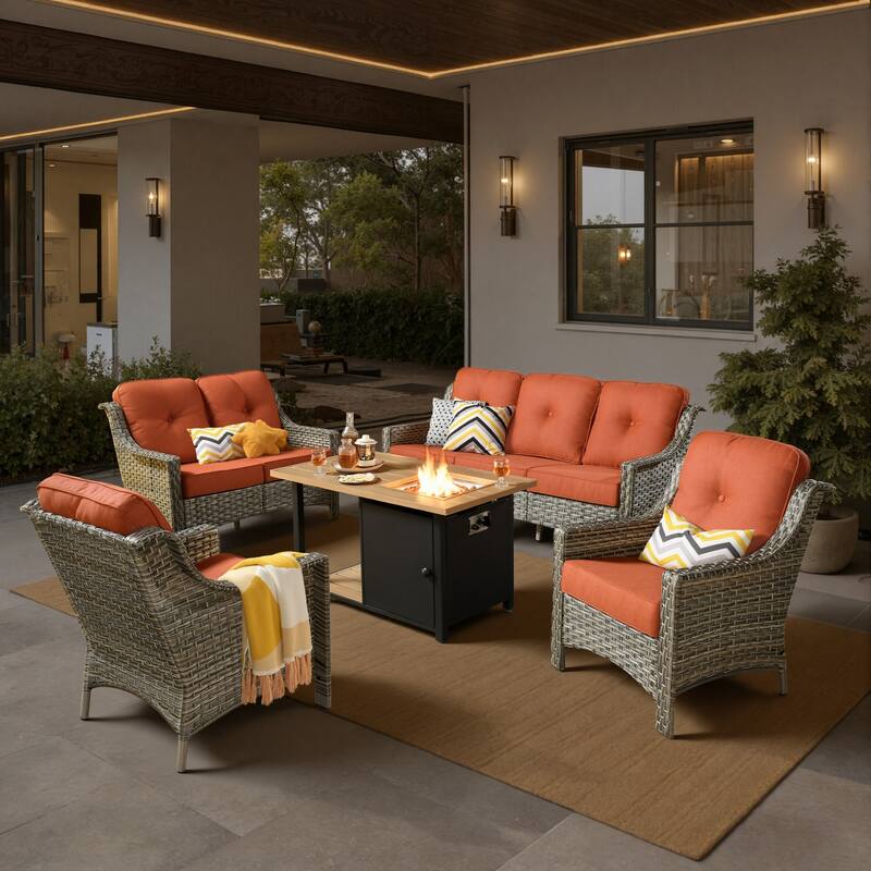 XIZZI 5-Piece Patio Wicker Furniture Conversation Set with Firepit - Red