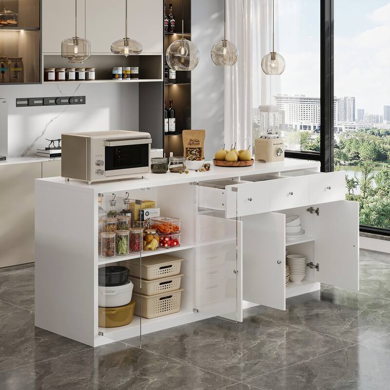 Modern Kitchen Island Buffet Cabinet with Storage Drawers and Tempered Glass Shelves, White Sideboard Cupboard