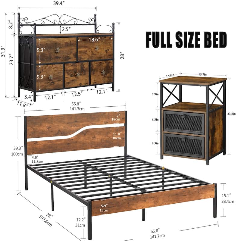 4-Pieces Bedroom Set with Drawer and Nightstands Set of 2, 5-Drawer Dresser, Brown/Grey Set