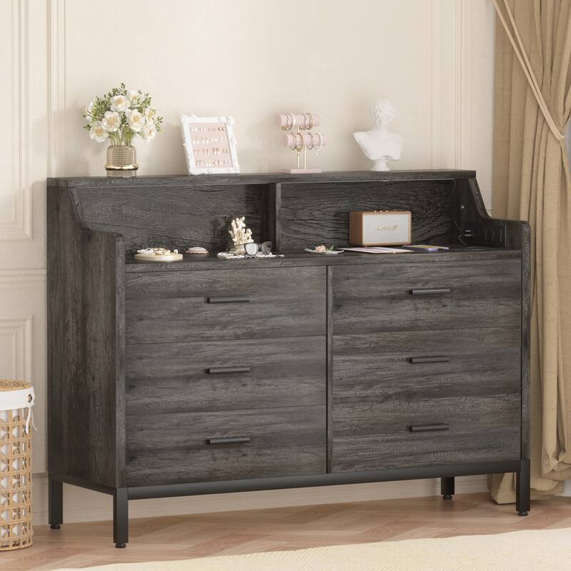 6 Drawers Dresser with Charge Station and LED Light, Closet Organizer for Bedroom - Grey Oak