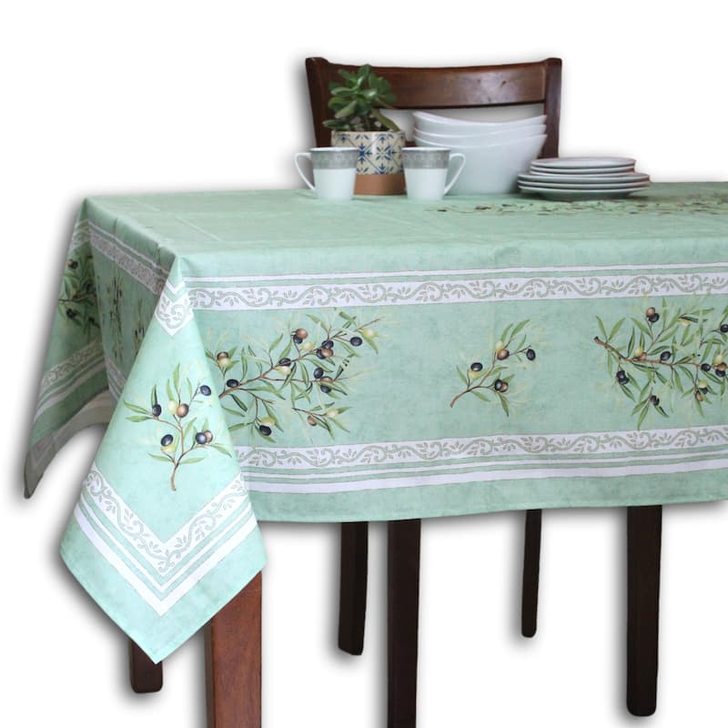Wipeable Spill Resistant Provencal Cotton Cannes Collection Tablecloth - 60 x 98 in - Green Olives