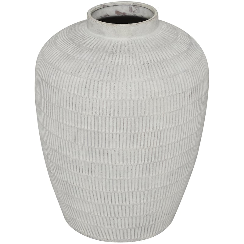 Ceramic Textured Decorative Vase with Linear Pattern - Cream - Roche River Decor - Beige - 15"W, 19"H