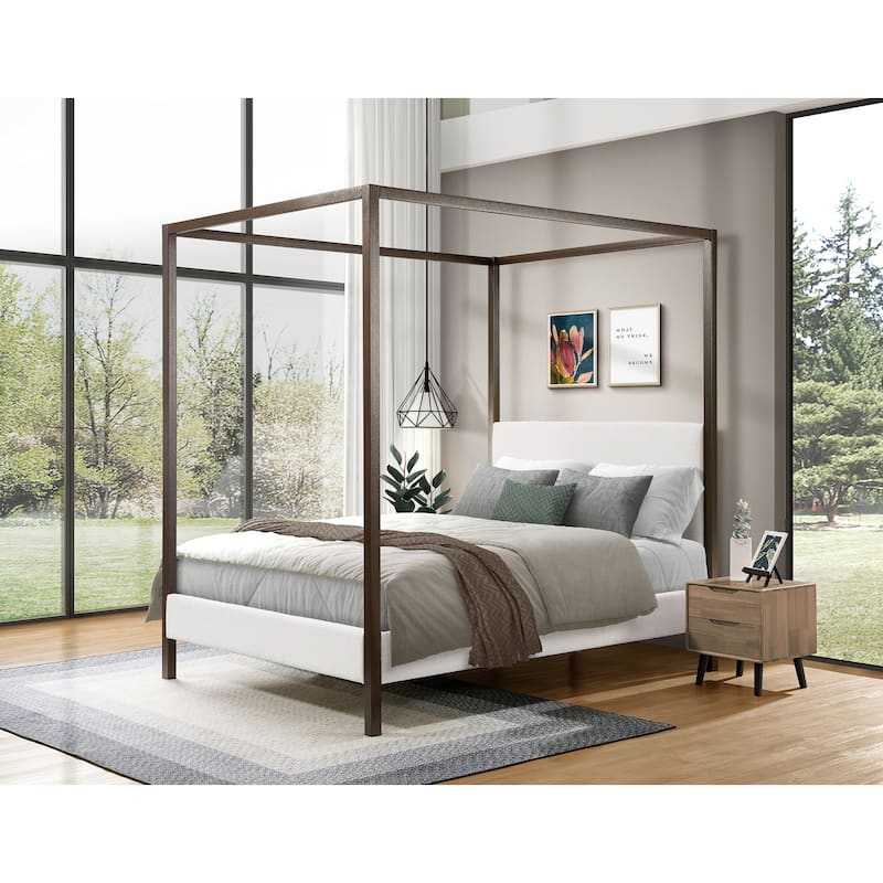 Boucle Upholstered Canopy Bed/ Metal Platform Bed Four-Poster Bed Frame - Copper,White - Full