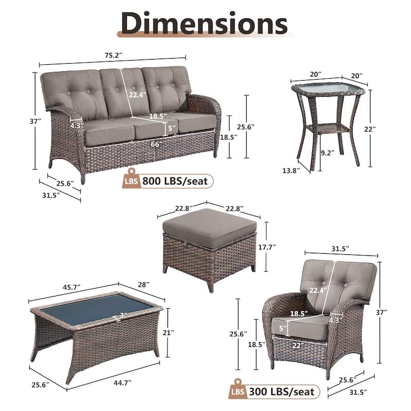 TWrap 7-Piece Patio Brown Wicker Sofa Conversation Set with 5-Inch Thick Cushions