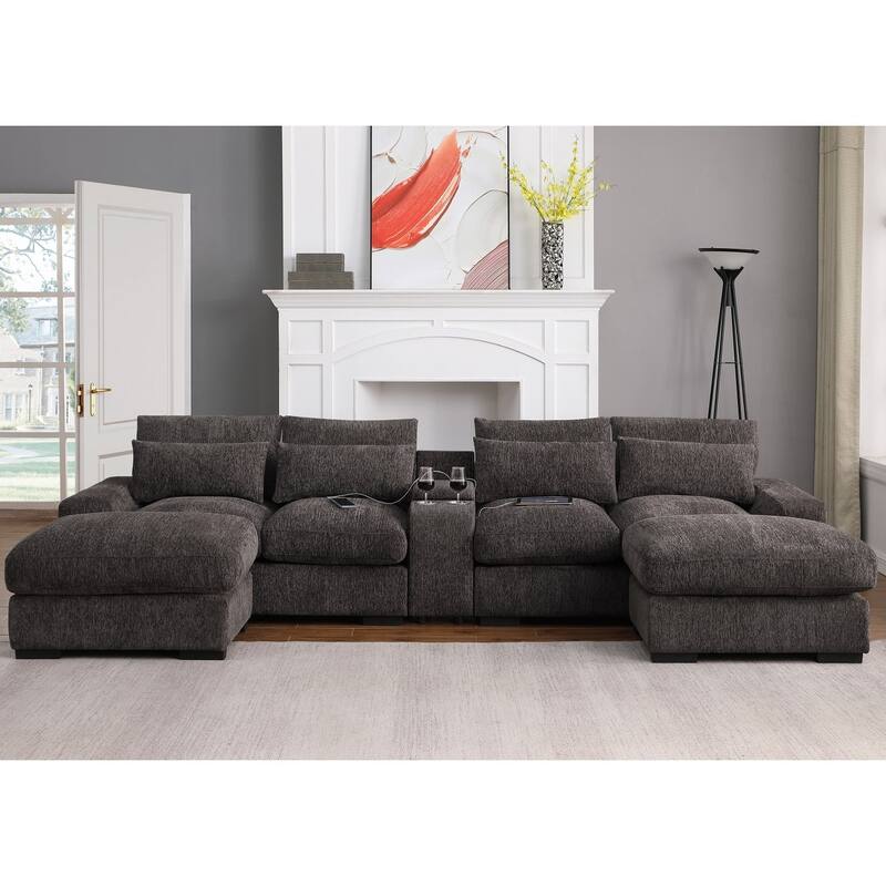 Modern Modular Sectional Sofa with Ottomans and Built-in Console, Cupholders - Coffee