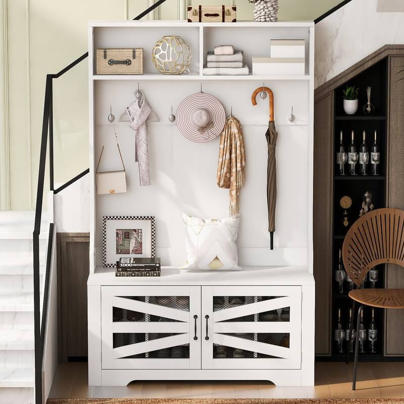 Wide Hall Tree with 10 Shoe Cubbies & 7 Coat Hooks, 43" W Coat Rack with Entryway Bench, 3-in-1 Design and Adjustable Shelves