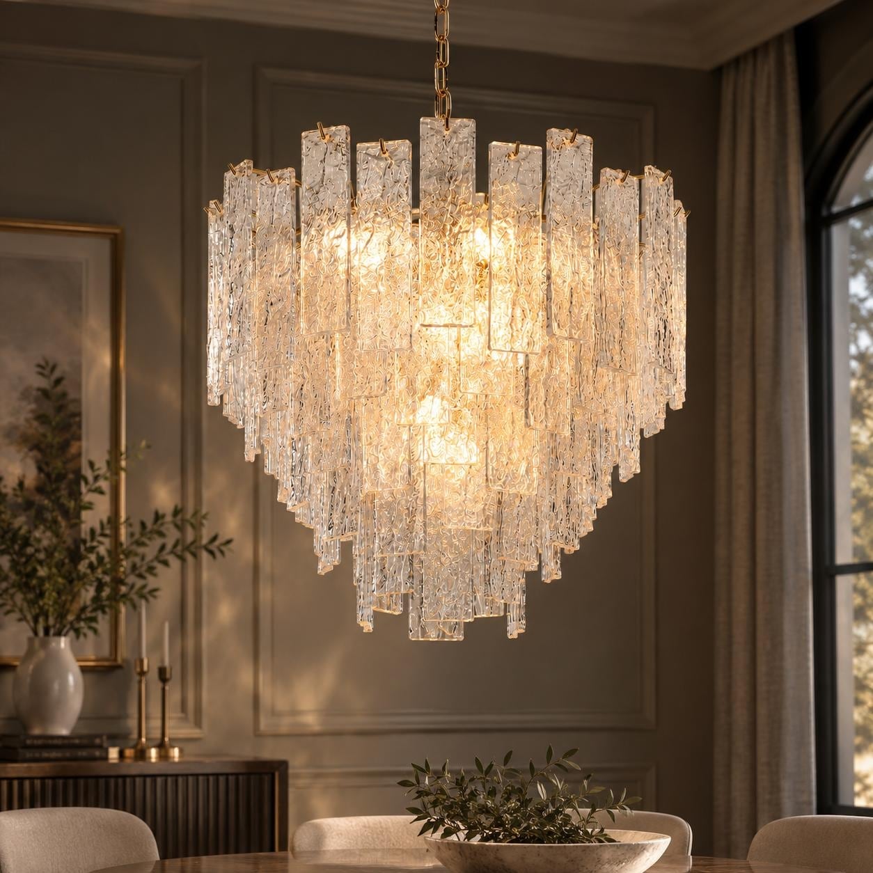 Elver Modern Gold 8-Light Glacier Chandelier Hammered Art Glass Strips for Dining Room Foyer