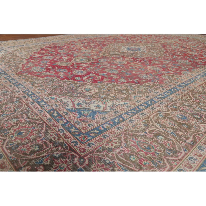 Traditional Floral Mashad Persian Vintage Rug Handmade Wool Carpet - 9'0"x 12'8"