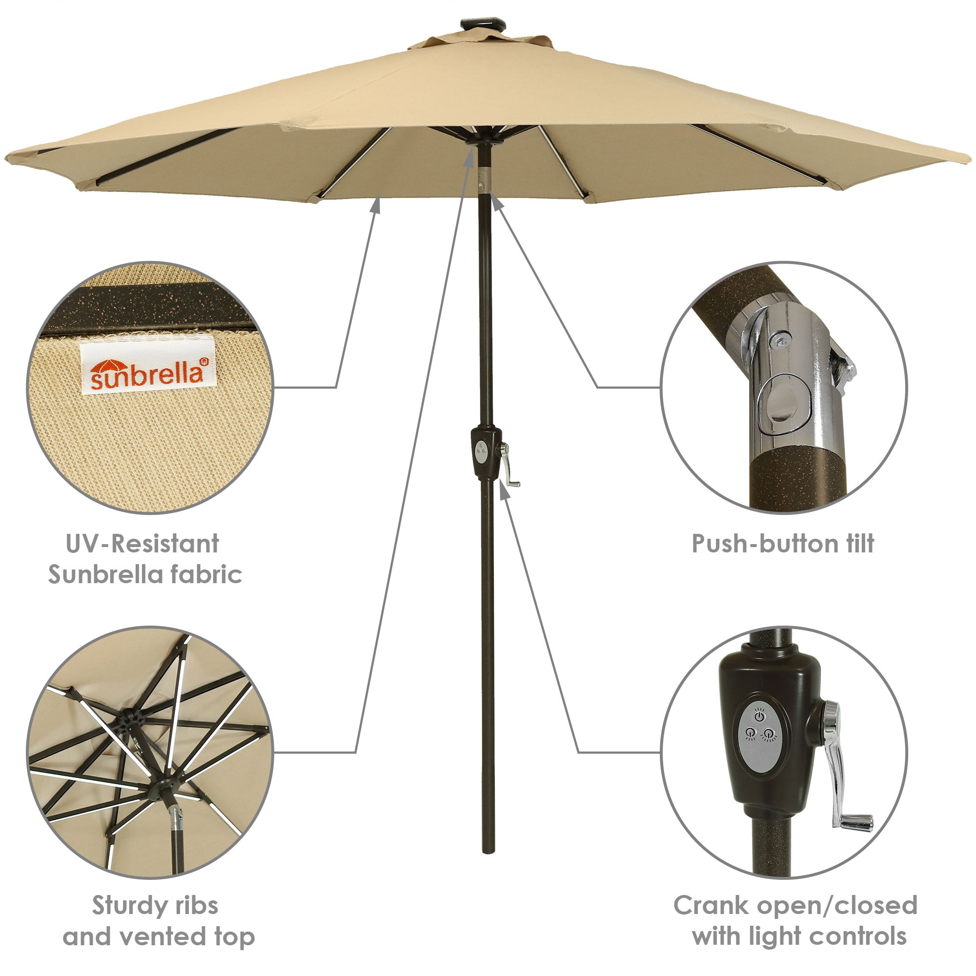 Shop Black Friday Deals On Sunnydaze 9 Foot Beige Sunbrella Market Umbrella With Solar Led Light Bars Overstock 28727993