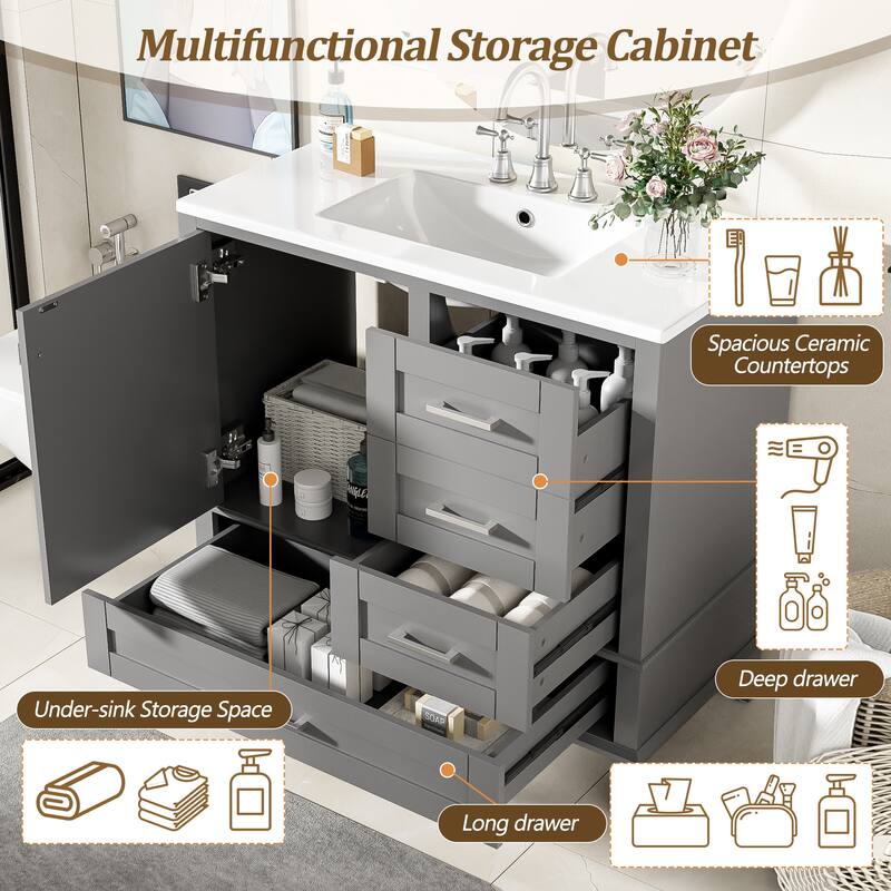 Bathroom Vanity with Sink, Bathroom Cabinet with Solid Wood Frame, Storage Cabinet with Soft Closing Door and 3 Drawers