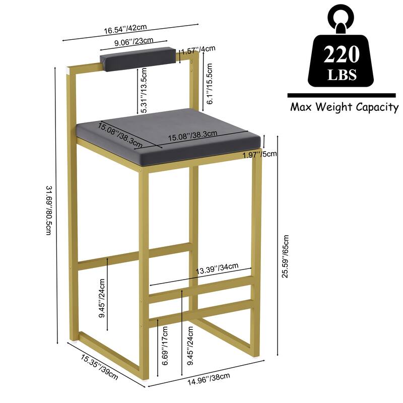 Set of 2 Bar Stools with Backrest & Footrest Counter Height Velvet Upholstered Dining Chairs for Kitchen Island (Gold & Gray)