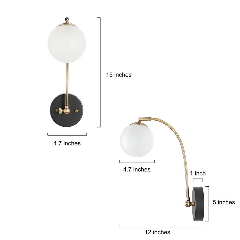 Modern LED Globe Glass Armed Sconce Black Brass Bathroom Accent Light - W4.7" x H15"