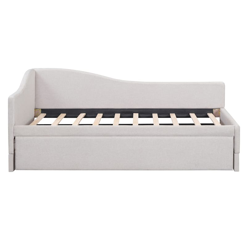 L-Shaped Daybed Twin To King Upholstered Daybed with Pop Up Trundle Linen & Wood Bed Frame for for Youth Teens or Adults
